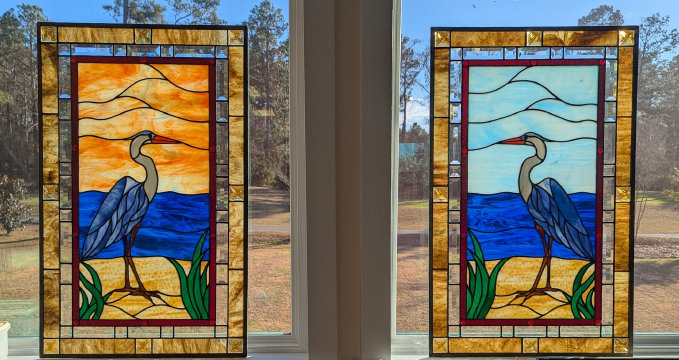 Marlene's Herons istained glass in my workshop window